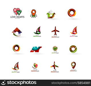 Set of abstract travel logo icons. Business, app or internet web symbols. Thin lines and colors with white