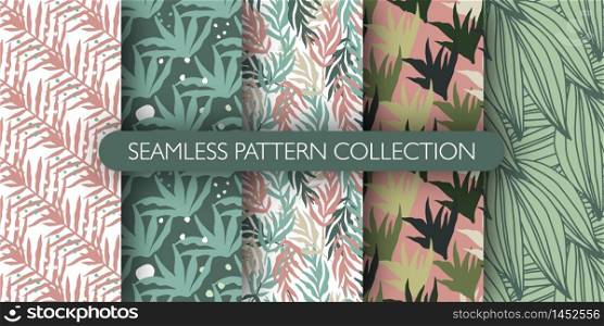 Set of abstract tropical leaves seamless pattern in doodle style. Jungle exotic leaf pattern collection. Botanical wallpaper. Design for fabric, textile print, wrapping, cover. Vector illustration.. Set of abstract tropical leaves seamless pattern in doodle style. Jungle exotic leaf pattern collection. Botanical wallpaper.