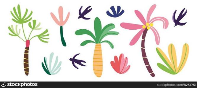 Set of abstract tropical palms, bushes and swallows. Cute decorative jungle rainforest tree and plant. Summer tropical bird, palm plantation. Beach kids doodle. Hand drawn colorful vector illustration