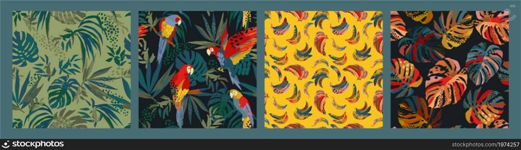 Set of abstract tropical seamless patterns. Parrots, bananas, tropical plants. Modern exotic design for paper, cover, fabric, interior decor and other users.. Set of abstract tropical seamless patterns. Parrots, bananas, tropical plants. Modern exotic design