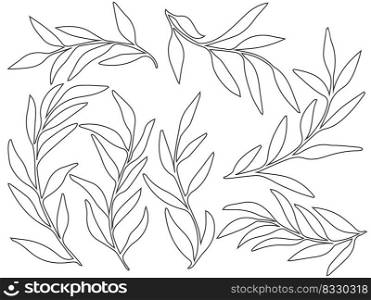 Set of abstract twigs with leaves isolated on a white background. Vector hand-drawn illustration in outline style. Perfect for cards, logo, decorations, invitations, cosmetic designs.