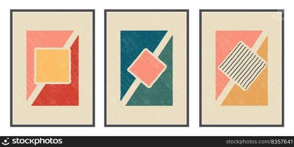 Set of abstract vector geometric compositions with a grunge texture. A wall drawing, poster, painting, or print in a minimalist style with colored geometric shapes. Flat design