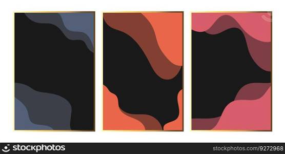 Set of abstract vector illustration with waves and gold frames. Abstract minimalist art
