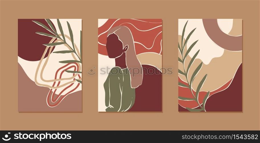Set of abstract vertical background for mobile app and social media content with women portrait, plant and abstract shape in modern earth color, minimalistic style. Vector illustration