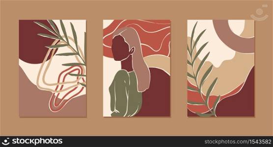 Set of abstract vertical background for mobile app and social media content with women portrait, plant and abstract shape in modern earth color, minimalistic style. Vector illustration