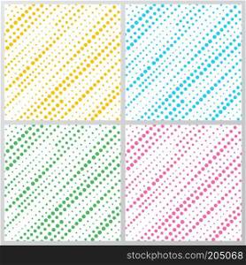 Set of abstract yellow, blue, green, pink dotted stripes diagonally pattern isolated on white background. halftone texture. Vector illustration