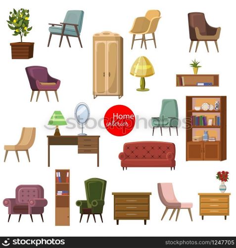 Set of accessories and furniture. Armchairs of different types, sofa, table, shelf, home plant, mirror bookcase, lamp. Set of accessories and furniture. Armchairs of different types, sofa, table, shelf, home plant, mirror bookcase, lamp. Template, vector interior design illustration. isolated, cartoon style. Modern and retro