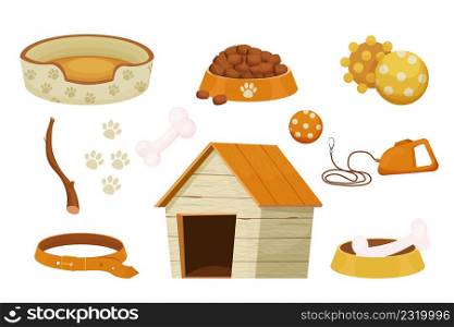 Set of accessories for dogs with kennel, toys, collar different staffs for pet care isolated on white background in cartoon style. Collection of equipment, supplies. Vector illustration