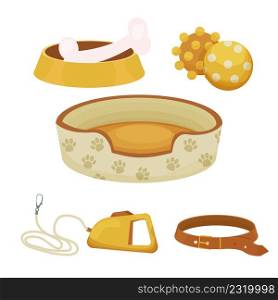 Set of accessories for dogs with kennel, toys, collar different staffs for pet care isolated on white background in cartoon style. Collection of equipment, supplies. Vector illustration