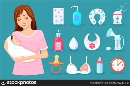 Set of accessories for the care of the newborn. Items that help mother care for the small baby during breastfeeding, bottles, soother, bib, sterilizer, breast pump. Mom holding infant in her arms. Set of accessories for the care of the newborn. Items that help momther care for the small baby