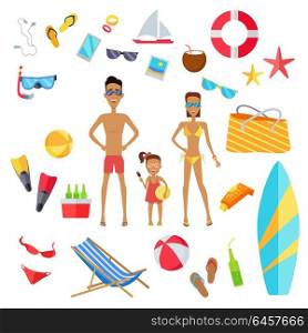 Set of Accessories for the Summer Holidays. Accessories for summer holidays design flat. Ball for beach volleyball, life buoy and flip-flops, sunglasses and inflatable ice cream isolated on white background. Vector illustration. Family at beach