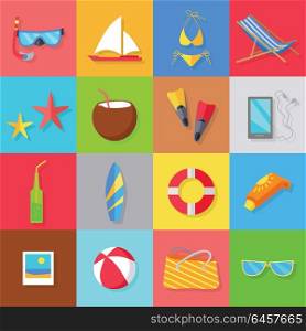 Set of Accessories for the Summer Holidays. Accessories for the summer holidays design flat. Ball for beach volleyball, life buoy and flip-flops, sunglasses and inflatable ice cream man isolated on white background. Vector illustration