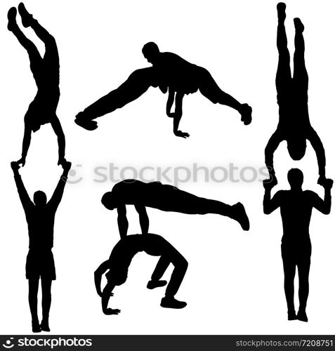 Set of acrobats in different stances silhouette on a white background.. Set of acrobats in different stances silhouette on a white background