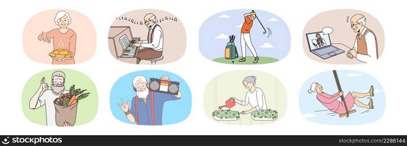 Set of active happy old people have fun relax enjoy maturity years. Collection of smiling energetic senior men and women rest on retirement. Elderly hobby and relaxation. Vector illustration. . Set of mature people and hobbies