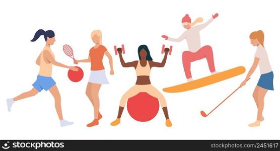 Set of active ladies doing sport. Flat cartoon female characters on white backgrounds. Vector illustration can be used for presentation, slide show, training. Set of active ladies doing sport