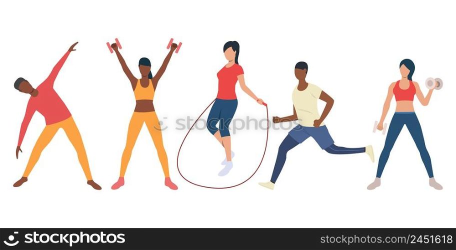 Set of active multiethnic people training in gym. Vector illustration of men and women doing exercises. Can be used for health club, presentation, promo. Set of active multiethnic people training in gym