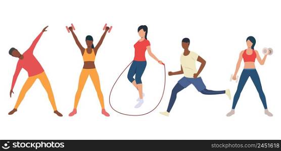 Set of active multiethnic people training in gym. Vector illustration of men and women doing exercises. Can be used for health club, presentation, promo. Set of active multiethnic people training in gym