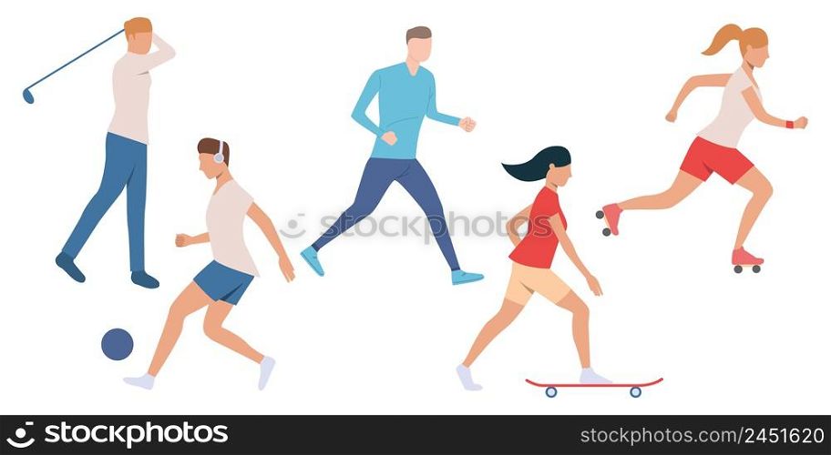 Set of active people doing sport. Crowd of men and women enjoying outdoor activities. Vector illustration can be used for recreation, brochure, health. Set of active people doing sport