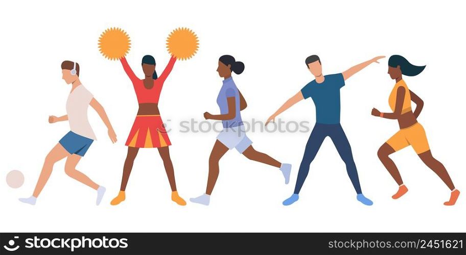 Set of active young people. Group of runners and cheerleaders training. Vector illustration can be used for presentation, sport, advertisement. Set of active young people