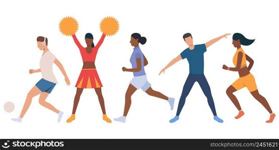 Set of active young people. Group of runners and cheerleaders training. Vector illustration can be used for presentation, sport, advertisement. Set of active young people