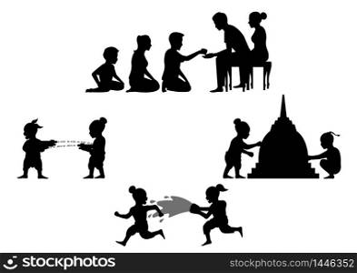 set of activity of people in Song kran day famous festival of Thailand Loas Myanmar and Cambodia,new year,silhouette design