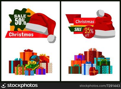 Set of ads super choice Christmas sale posters promo labels decorated by Santa Claus hat, piles gift boxes in decorative wrapping vector illustration. Set of Ads Christmas Sale Posters Promo Labels