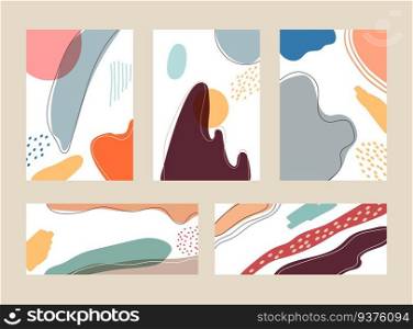 Set of advertising hand drawn organic shapes and lines pastel color pattern collage on white background. Contemporary modern trendy style. Vector illustrations