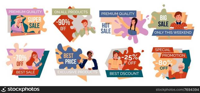 Set of advertising slogans about sales, discounts, promotions. People are encouraged to shop. Market trick. Black friday, weekend sale, best discount, special offer. Product promotion, sales increase. Advertising slogans about discounts, sales, shopping. Marketing trick flyers. People Announce Sales
