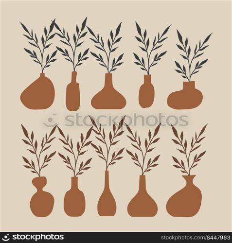 Set of Aesthetic vase shape with leaves element in earth tone color, Flat vase illustration