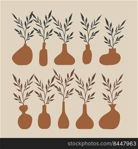 Set of Aesthetic vase shape with leaves element in earth tone color, Flat vase illustration