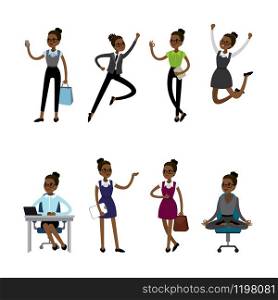 Set of African american Office worker or businesswoman in different poses and clothes, flat vector illustration