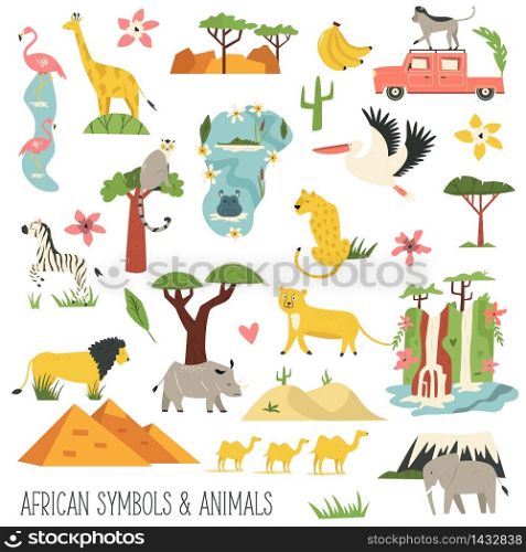 Set of African animals and famous natural landmarks. Big vector bundle of wild characters. Set of African animals and famous natural objects