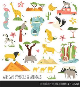 Set of African animals and famous natural landmarks. Big vector bundle of wild characters. Set of African animals and famous natural objects