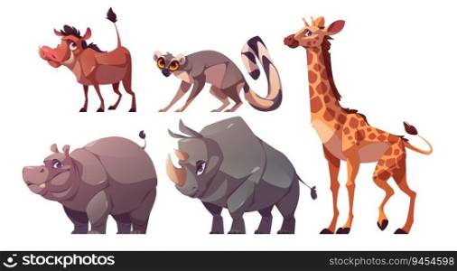 Set of African wild animals isolated on white background. Vector cartoon illustration of giraffe, hippo, rhino, lemur, warthog characters standing or walking. Cute zoo or safari park inhabitants. African wild animals isolated on white background
