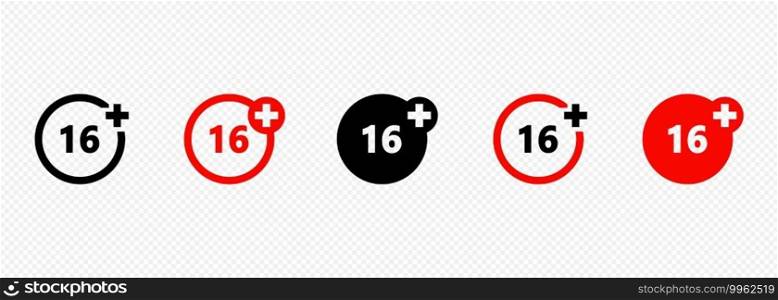 Set of age restriction icons. 16 age limit concept. Adults content icon.. Set of age restriction icons. 16 age limit concept. Adults content icon. Vector on isolated transparent background. EPS 10