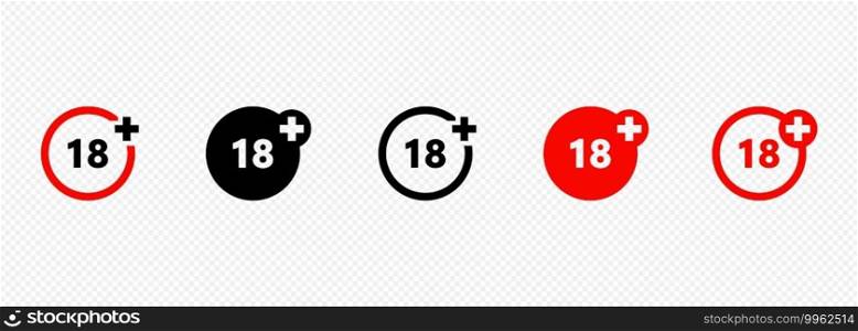 Set of age restriction icons. 18 age limit concept. Adults content icon.. Set of age restriction icons. 18 age limit concept. Adults content icon. Vector on isolated transparent background. EPS 10