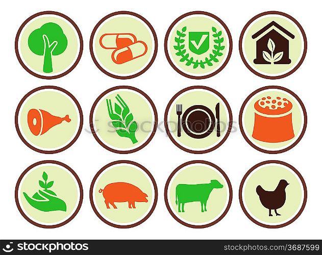 Set of agricultural icons - design elements with signs of animals and plant