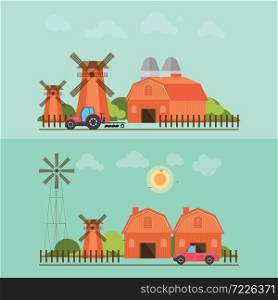 Set of agriculture farmhouse with wind mill ,tractor and car isolated on green background.