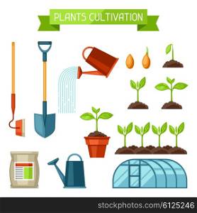 Set of agriculture objects. Instruments for cultivation, plants seedling process, stage plant growth, fertilizers and greenhouse.