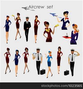 Set Of Aircraft Crew ,stewards and pilots in working form Isolated On White,cartoon vector illustration. Set Of Aircraft Crew ,stewards and pilots in working form Isolat