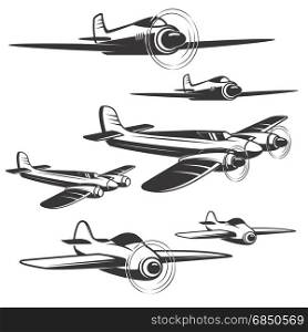 Set of airplane icons isolated on white background. Design elements for logo, label, emblem, sign. Vector illustration