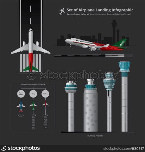 Set of Airplane Landing Infographic with Control Tower Isolated Vector Illustration