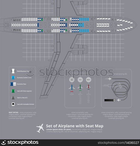 Set of Airplane with Seat Map Isolated Vector Illustration