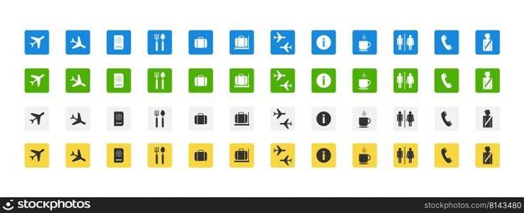 set of airport icons. Visual informative pointers for orientation in a large area. Flat style