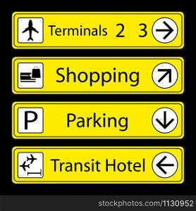 Set of Airport Signs with icons,monochromatic pictograms on yellow banners,vector illustration.. Set of Airport Signs with icons