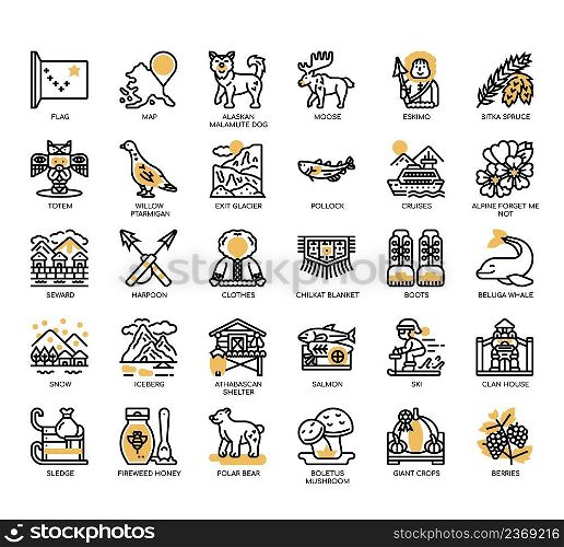 Set of Alaska thin line icons for any web and app project.
