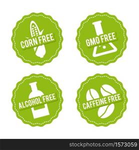 Set of Allergen free Badges. Corn free, GMO free, Alcohol free, Caffeine free. Vector hand drawn Signs. Can be used for packaging Design.