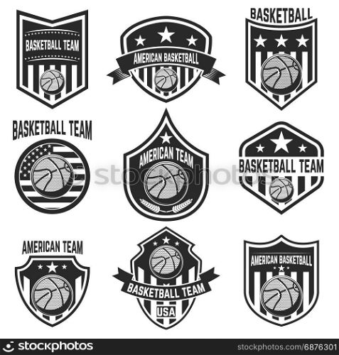 Set of american basketball team labels. Emblems with basketball balls. Vector illustration