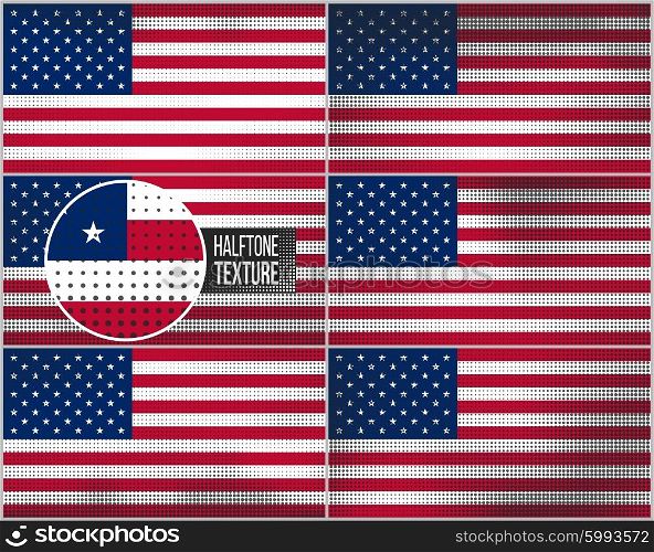 Set of american flags in dirty retro style with abstract halftone effect. Set of american flags in dirty retro style with abstract halftone effect.