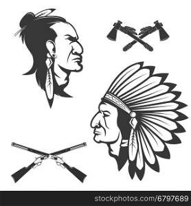 Set of american native chief heads. American indians headdress and weapon. Crossed tomahawks. Design elements for logo, label, emblem, sign, badge, brand mark.